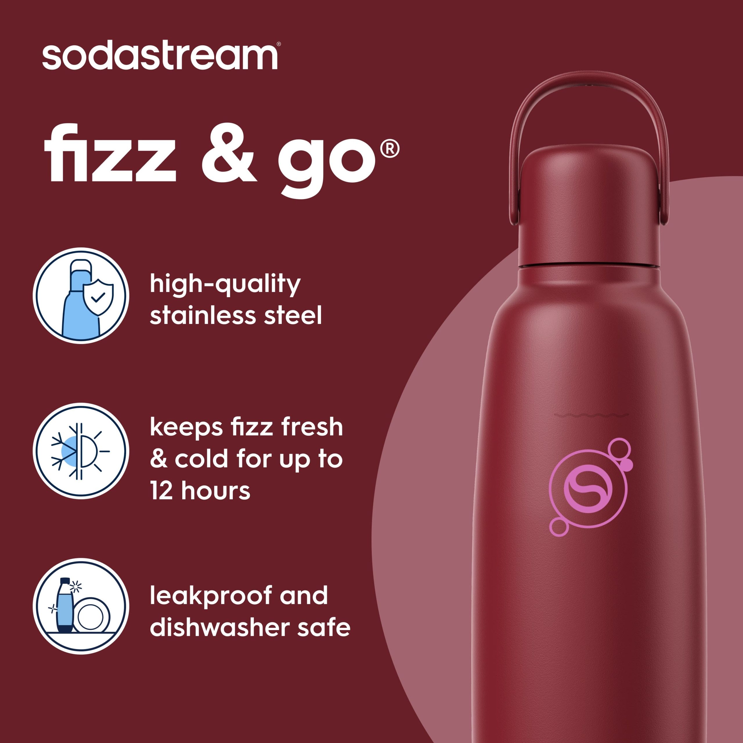 Sodastream Fizz & Go? Insulated Stainless Steel Carbonating Bottle Pomegranate 30.4 oz - Image 3